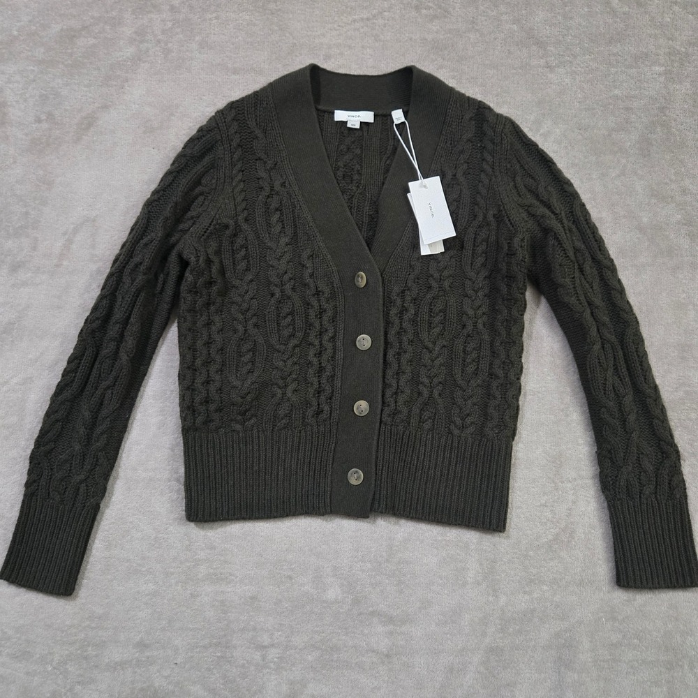 Vince Wool Cashmere Cable Knit Cardigan Women Medium Quiet Luxury Preppy Earthy